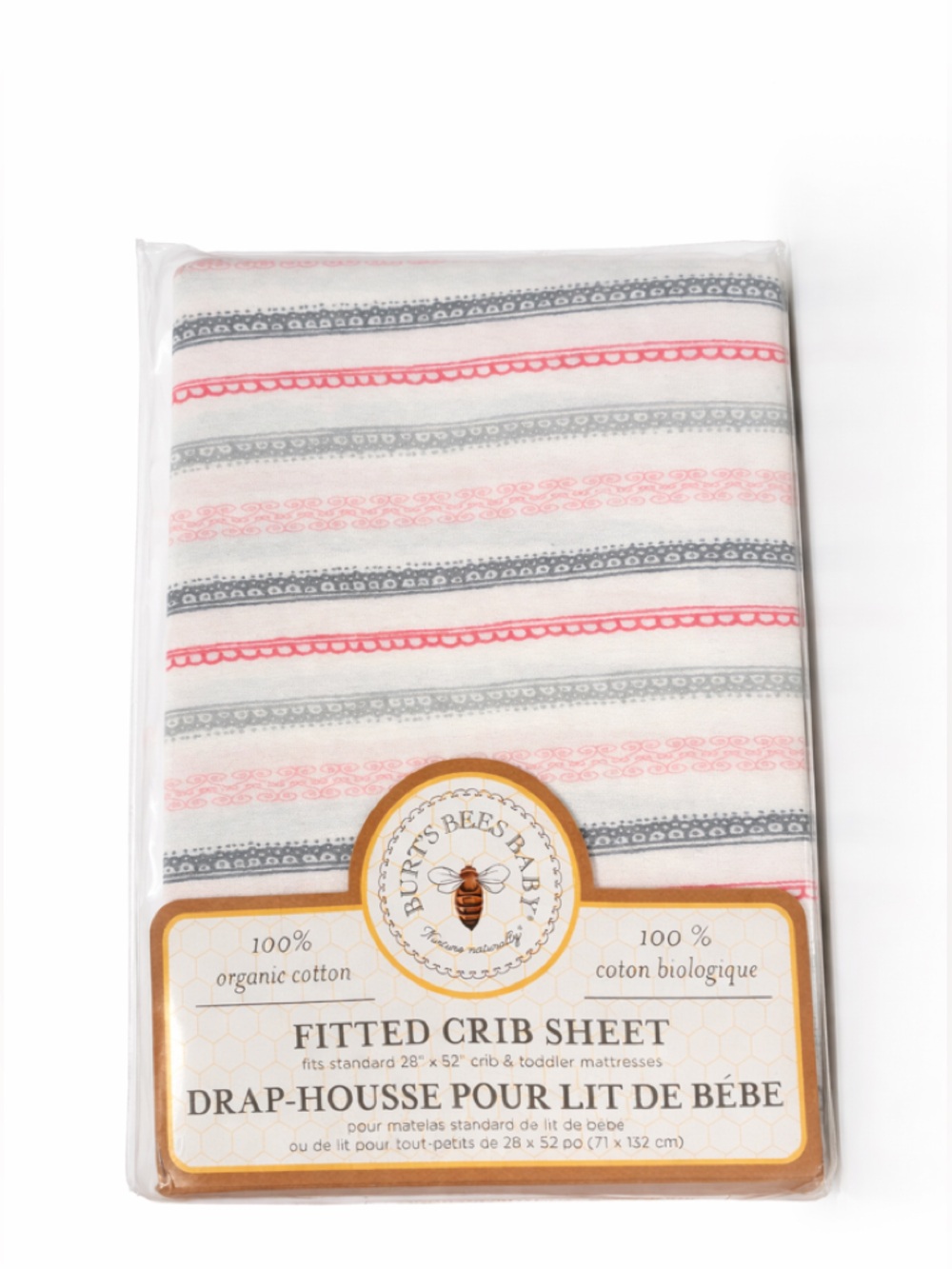 Burt's Bees Baby Striped Fitted Crib Sheet in Pink, Gray & White